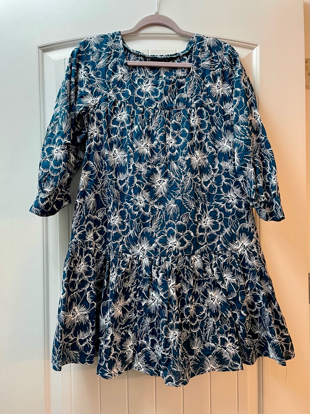 New York & Company Navy and White Embroidered Floral Dress
